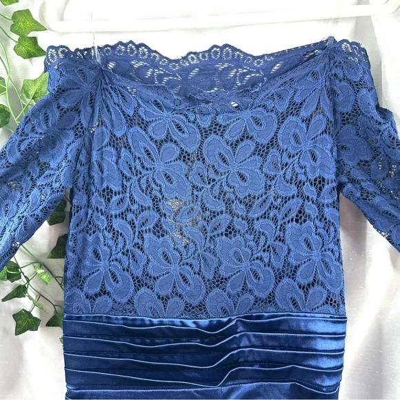 NWT Miusol Womens Lace Bodice Satin Ruched Mermaid Evening Dress Navy Blue Large - Picture 3 of 12